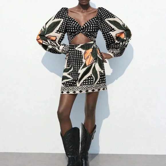 Black And White Boho Women's Floral Print Twist Hollow Out Casual Short Dress - Picture 1 of 9